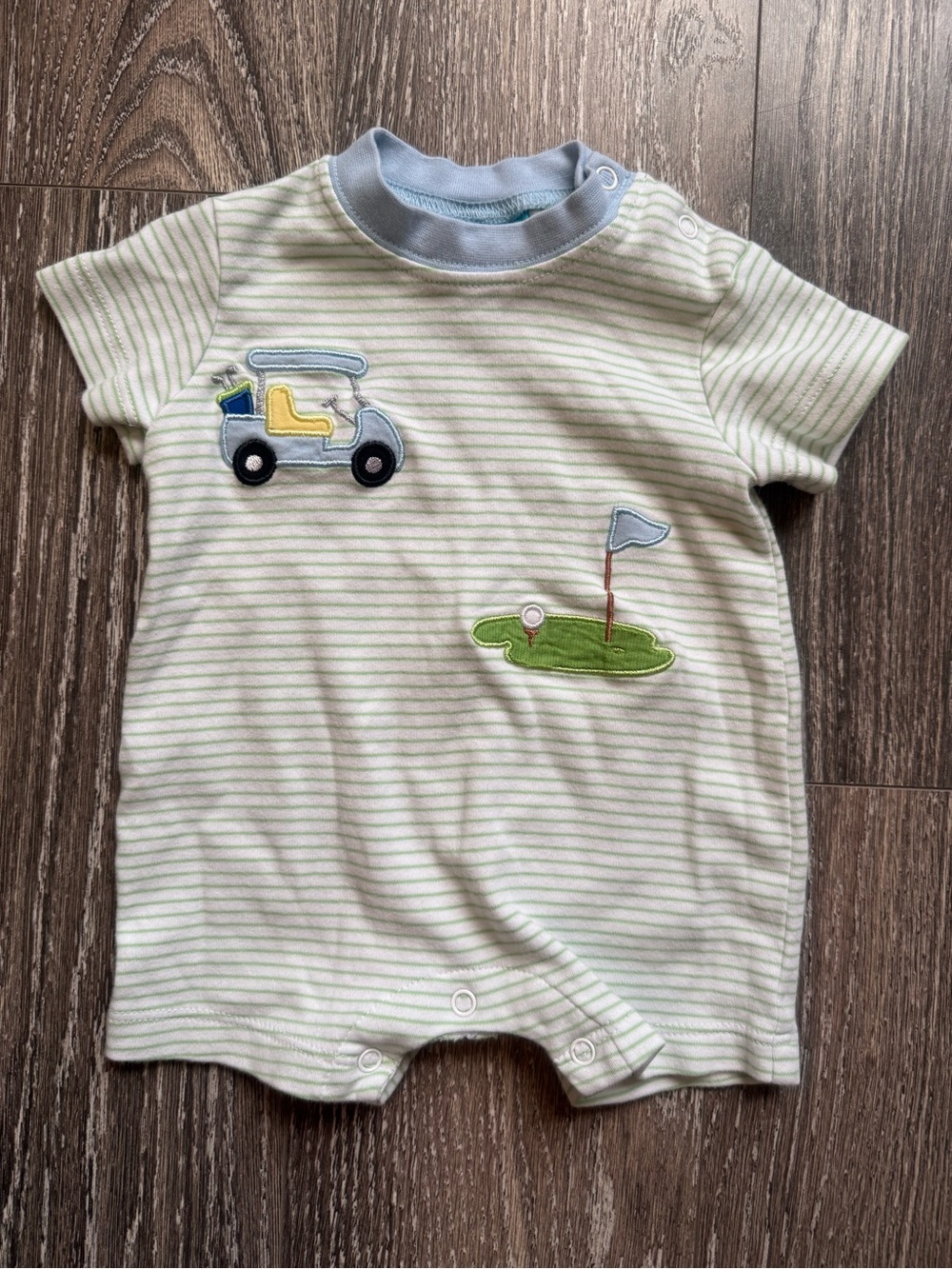 Striped Golf Cart Appliqué One-Piece Romper - Blue & Green